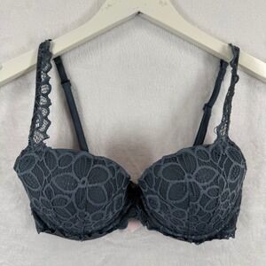 PINK Victoria's Secret Date Push-Up Bra Dark Gray Floral Lace Underwire 32D